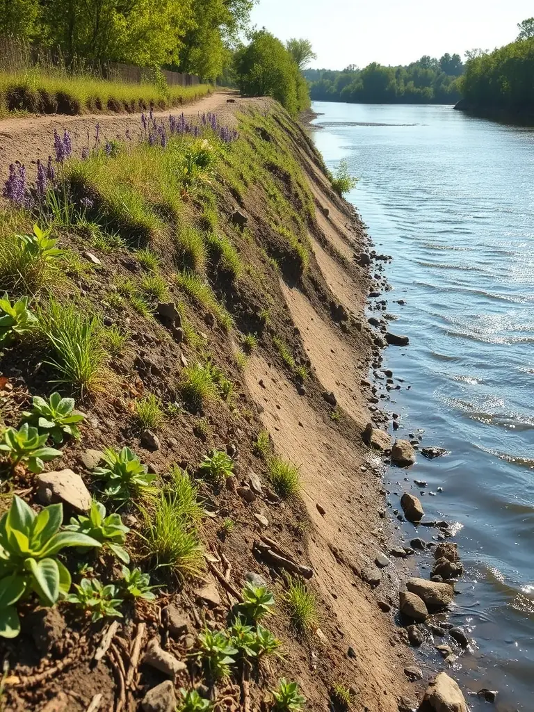 A wide shot of a bioengineering project on a riverbank, showing the use of natural materials and vegetation to stabilize the bank and prevent erosion.