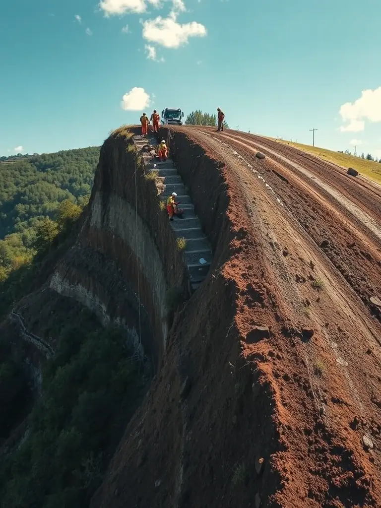 An aerial view of a construction site where soil nailing is being implemented to stabilize a slope, preventing landslides and erosion.