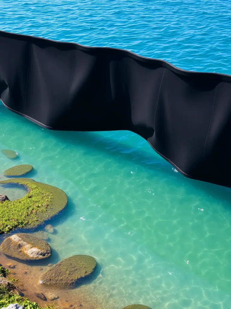 A close-up of a turbidity curtain installed in a body of water, preventing sediment from spreading during construction activities.