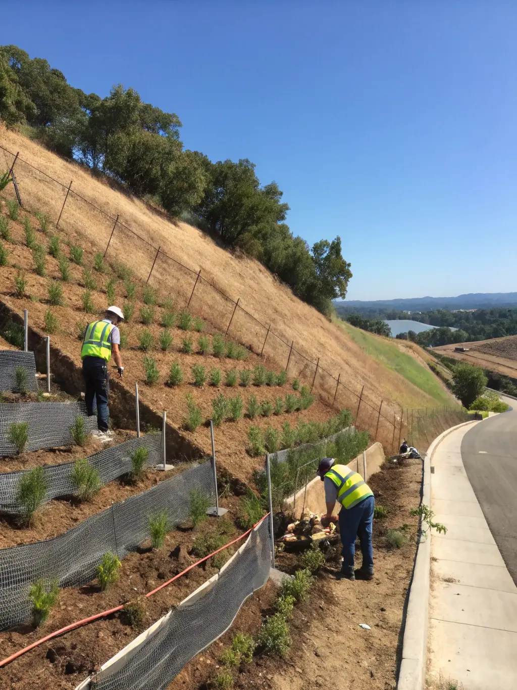 A construction site where workers are installing erosion control blankets on a slope to prevent soil erosion, showcasing the initial phase of a project.