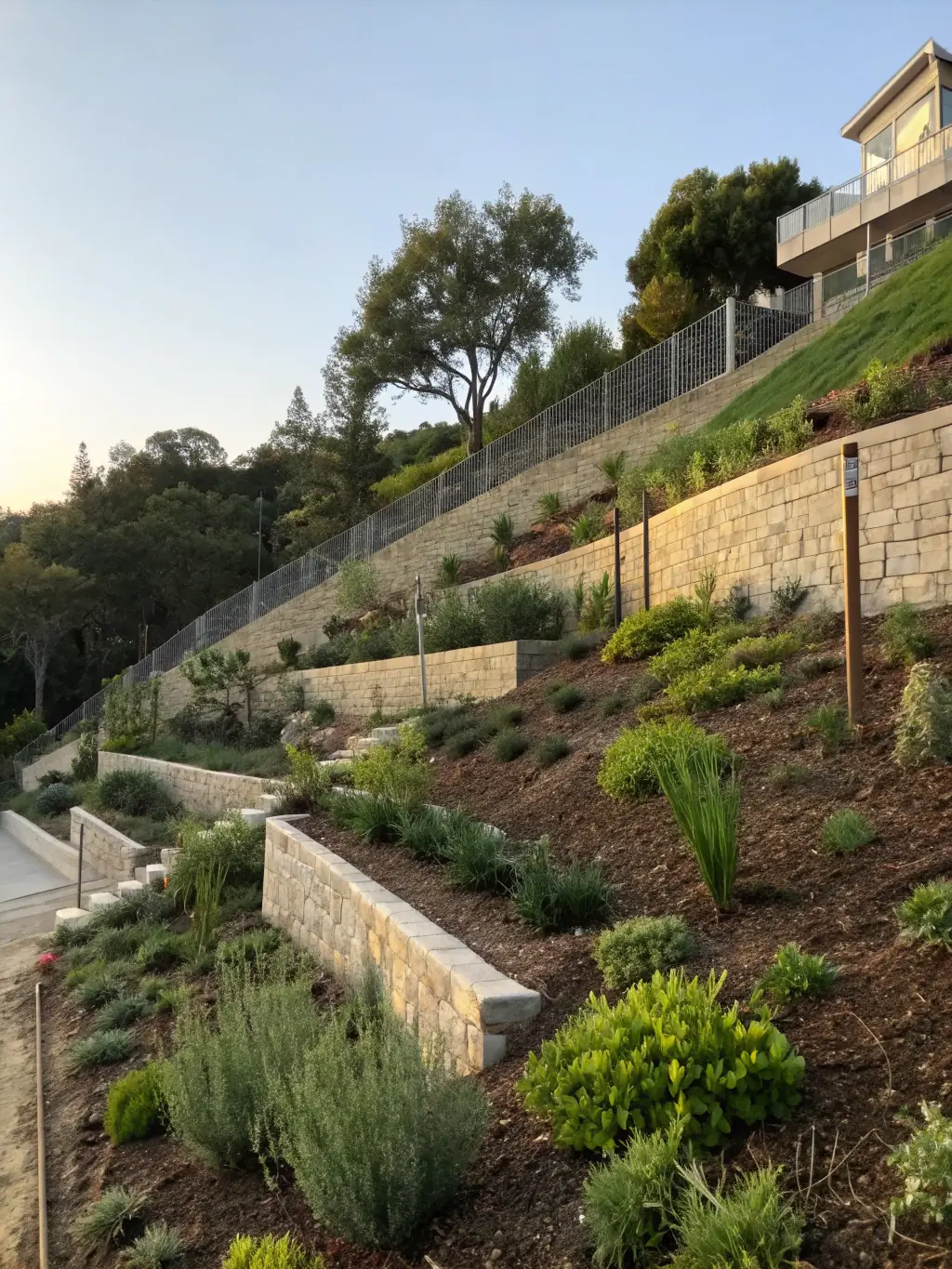 A close-up shot of a vegetated retaining wall, showcasing plants growing out of the wall's structure, used for erosion control on a hillside.