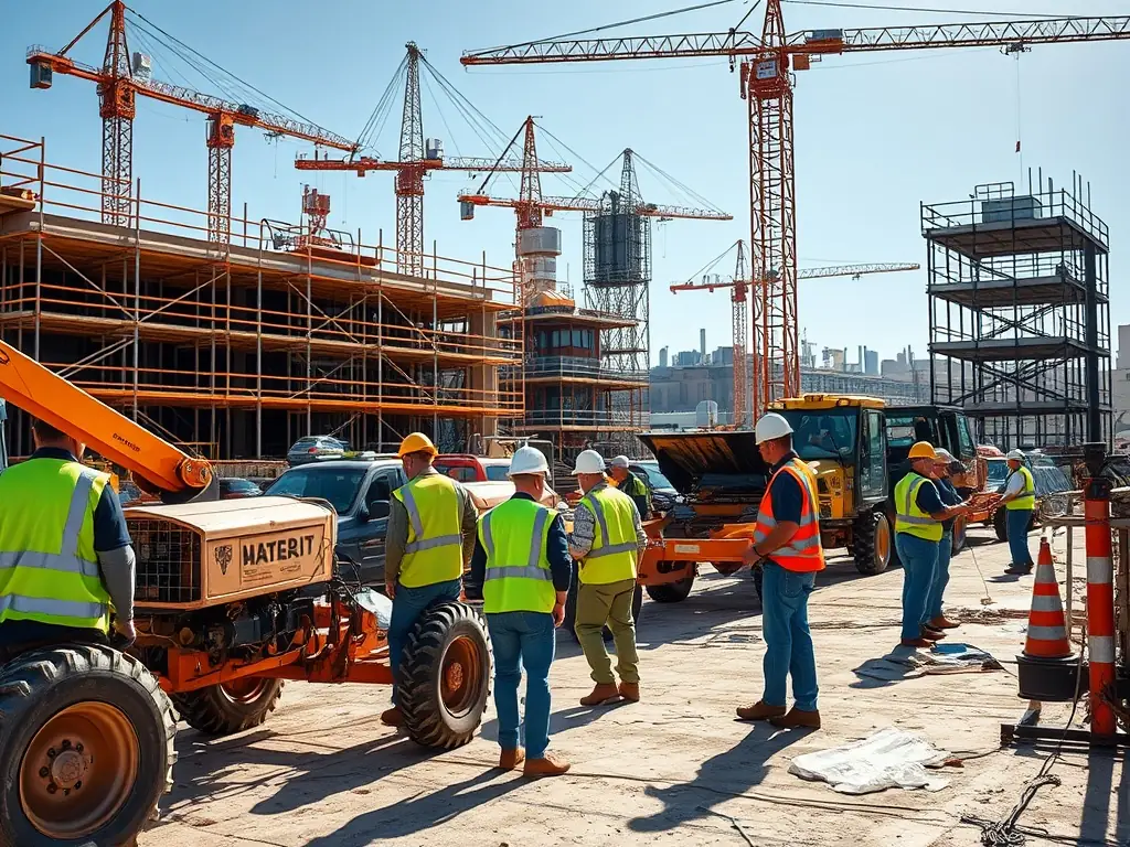 A wide-angle shot of a construction site where Er-Contech is implementing erosion control measures, showcasing heavy machinery, workers in safety gear, and the landscape being reshaped to prevent soil erosion.