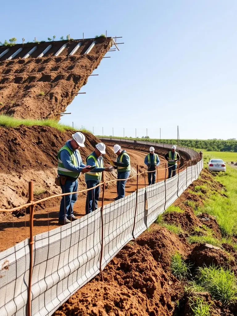 A close-up shot of a sediment control fence being installed along a construction site, highlighting the importance of preventing sediment runoff.
