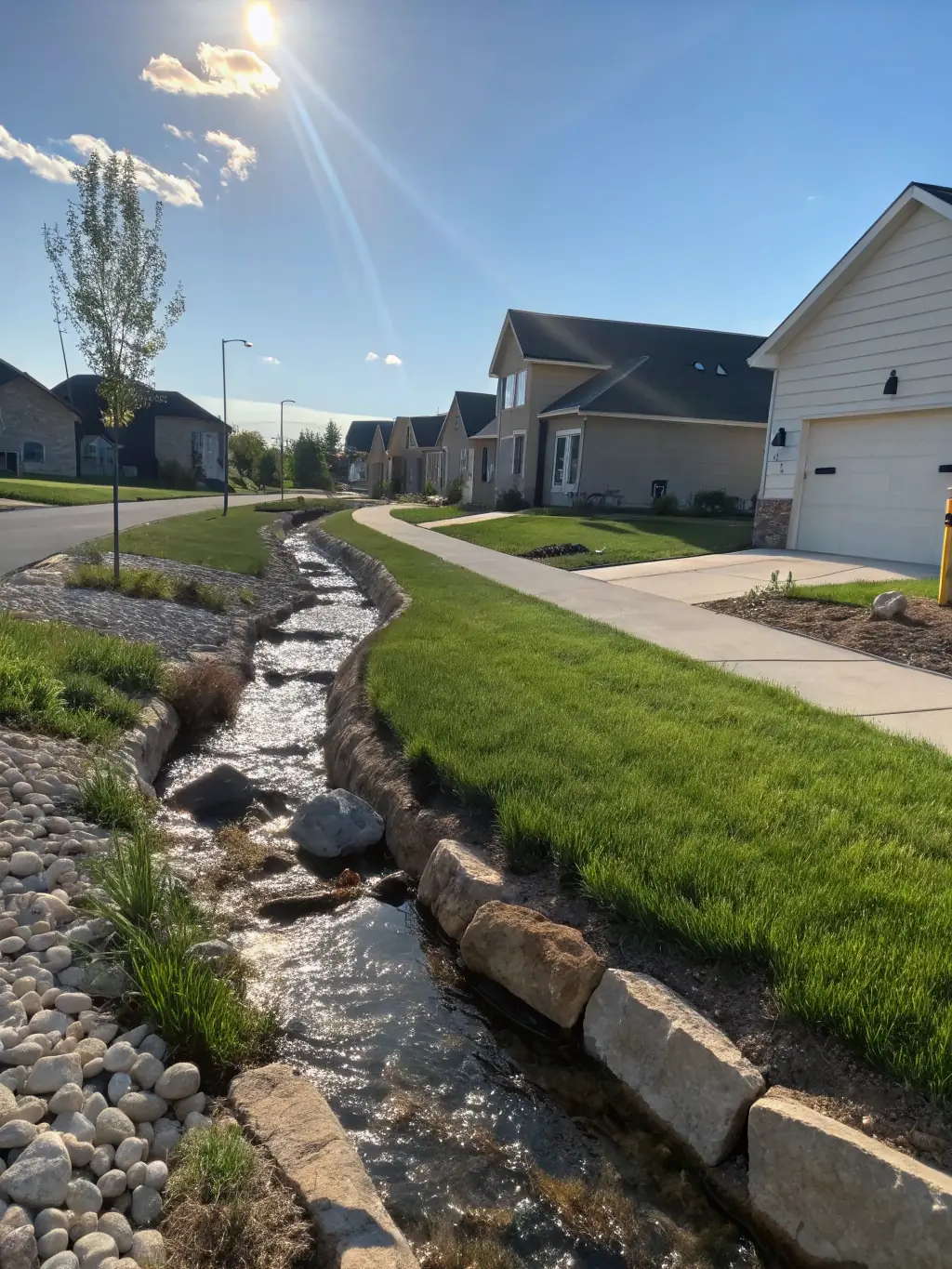 Image of a newly constructed drainage system designed to manage stormwater runoff and prevent erosion, showcasing effective water management techniques.